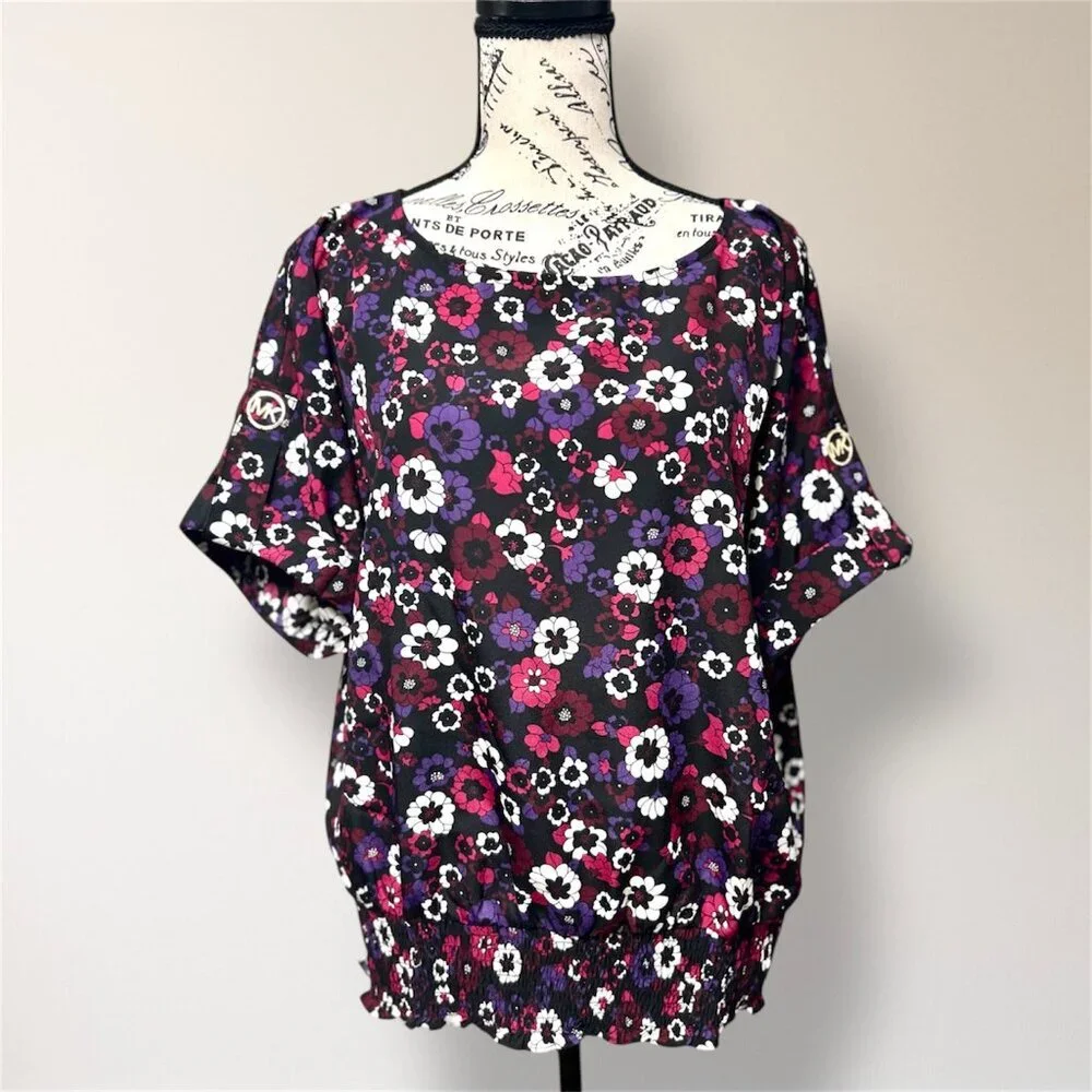 Michael Kors L Floral Blouse Smocked Waist Oversized Top Gold MK Logo Boho